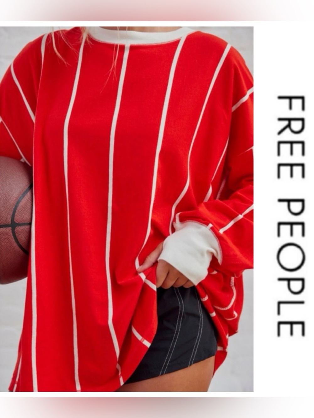 🚩NwT’s-$88 Rare FREE PEOPLE Home Game Top Oversized Shirt Thumb Holes Red Large